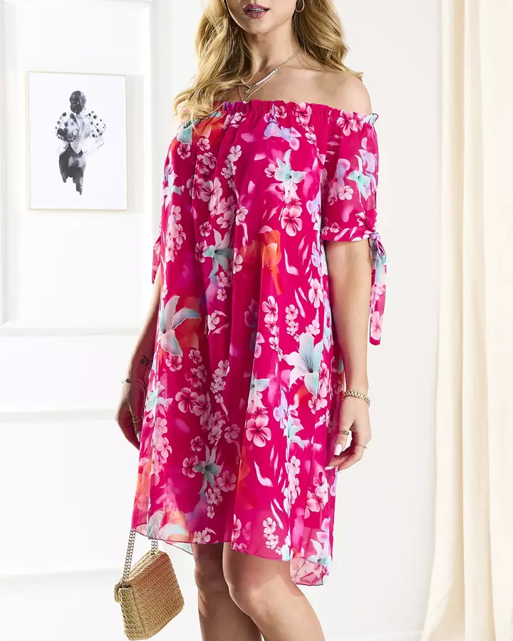 Fuchsiové dámské šaty a'la hiszpanka s barevnými květy - Oblečení