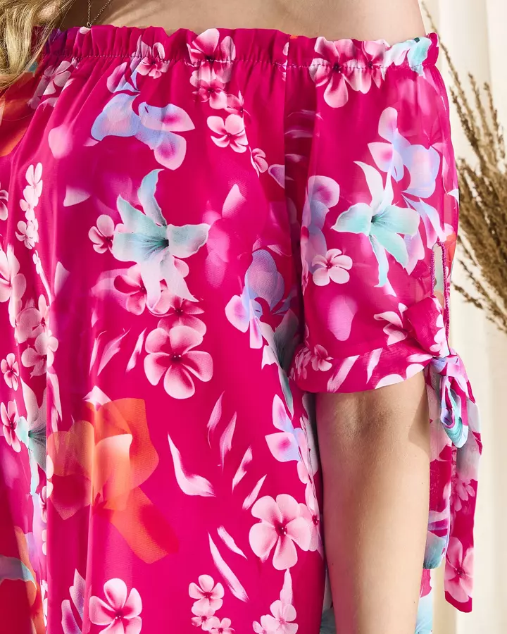 Fuchsiové dámské šaty a'la hiszpanka s barevnými květy - Oblečení