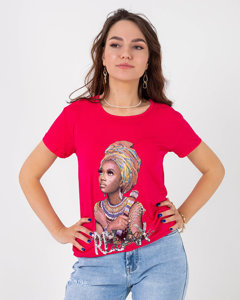 Fuchsiové dámské tričko s barevným potiskem a flitry - Oblečení