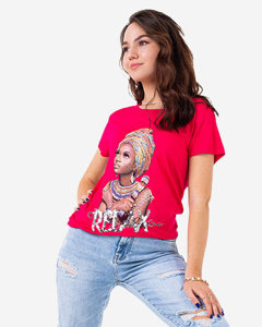 Fuchsiové dámské tričko s barevným potiskem a flitry - Oblečení