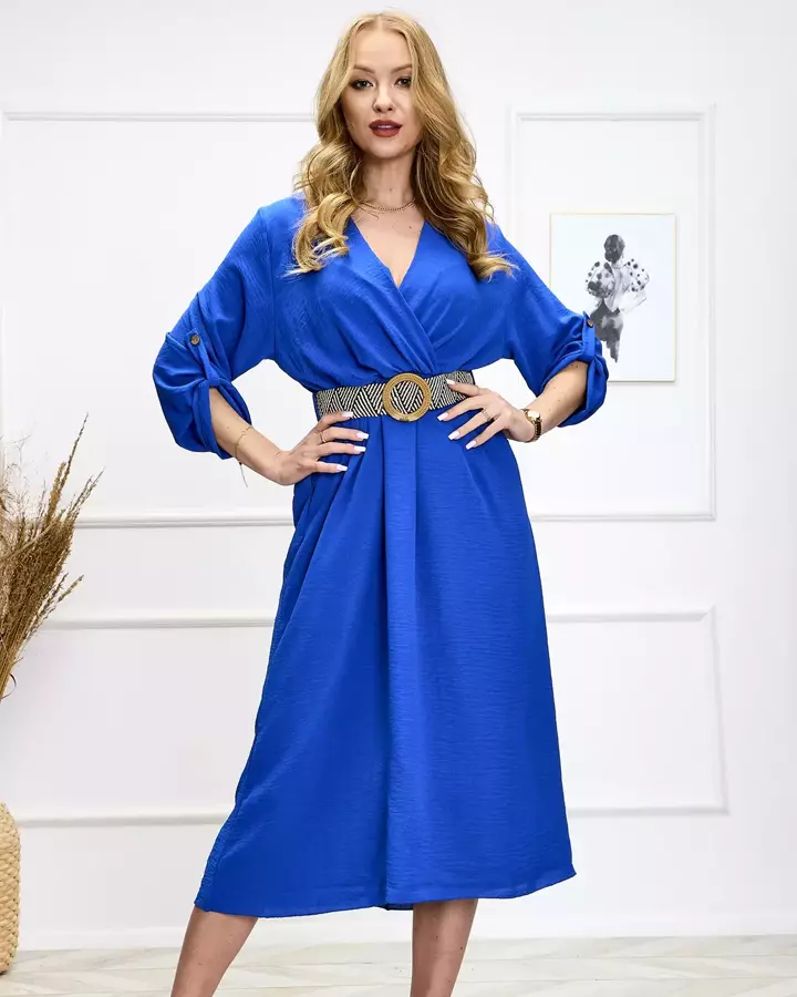 Kobaltové dámské dlouhé šaty s páskem - Oblečení