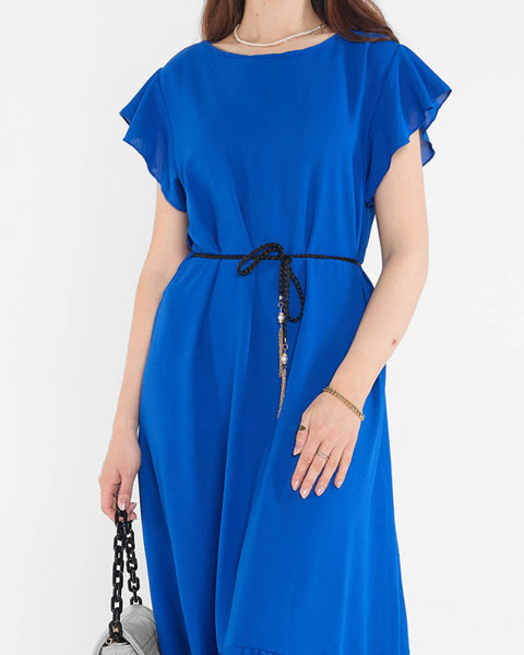 Kobaltové dámské šaty s volánky a zavazováním v pase - Oblečení