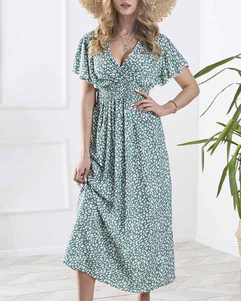 Květinové tmavě zelené dámské šaty s obálkovým výstřihem - Oblečení