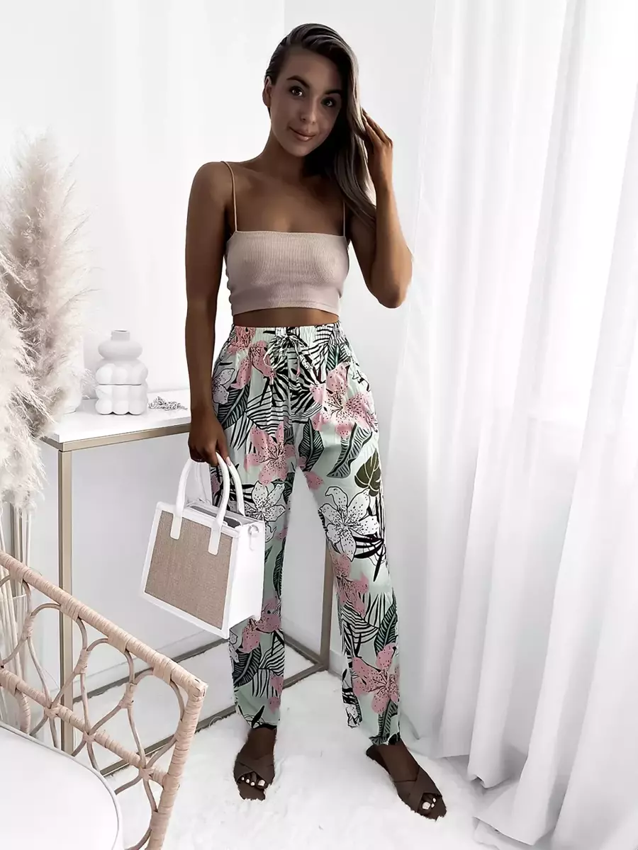 Mátové dámské kalhoty s květinovým vzorem- Oblečení