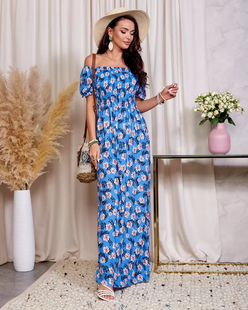 Modré dámské květované midi šaty - Oblečení