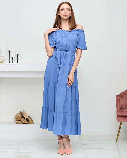 Modré dámské midi šaty s otevřenými zády - Oblečení