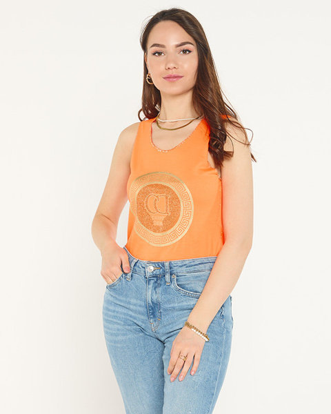 Neonově oranžová halenka s ramínky s potiskem a kubickými zirkony - Oblečení