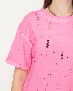 Neonově růžové bavlněné dámské tričko s ozdobnými otvory - Oblečení