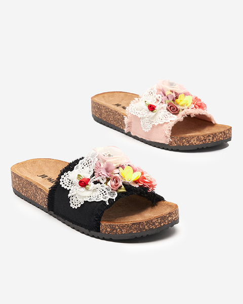 OUTLET Dámské pantofle s látkovými květy v černé barvě Ososi- Shoes
