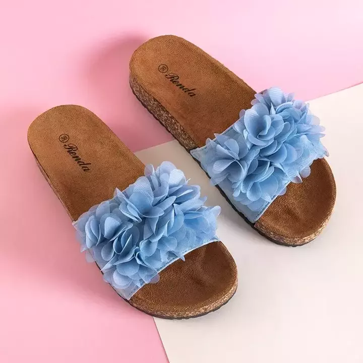 OUTLET Modré dámské pantofle Alina s květinami - Obuv