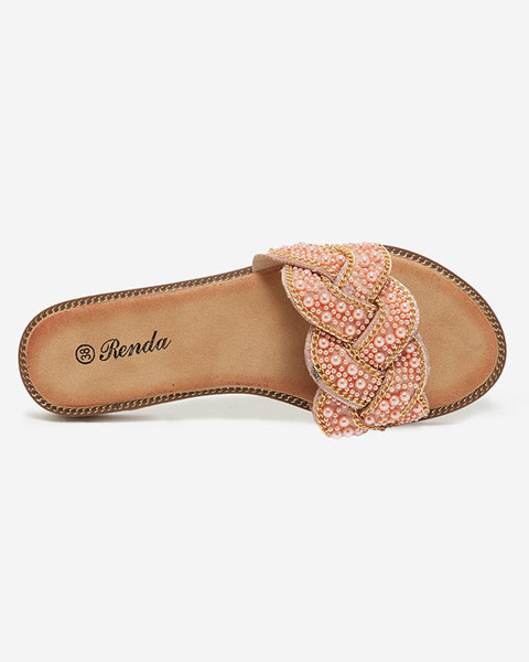OUTLET Růžové dámské pantofle s korálky a perličkami Cetera - Obuv