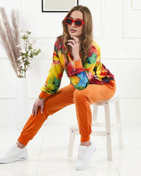 Oranžová dámská velurová mikinová souprava s barevným potiskem- Oblečení