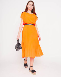 Oranžové neonové dámské řasené midi šaty s páskem - Oblečení