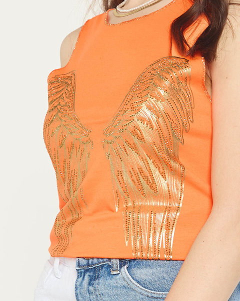Oranžový dámský top s potiskem zlatých křídel - Oblečení