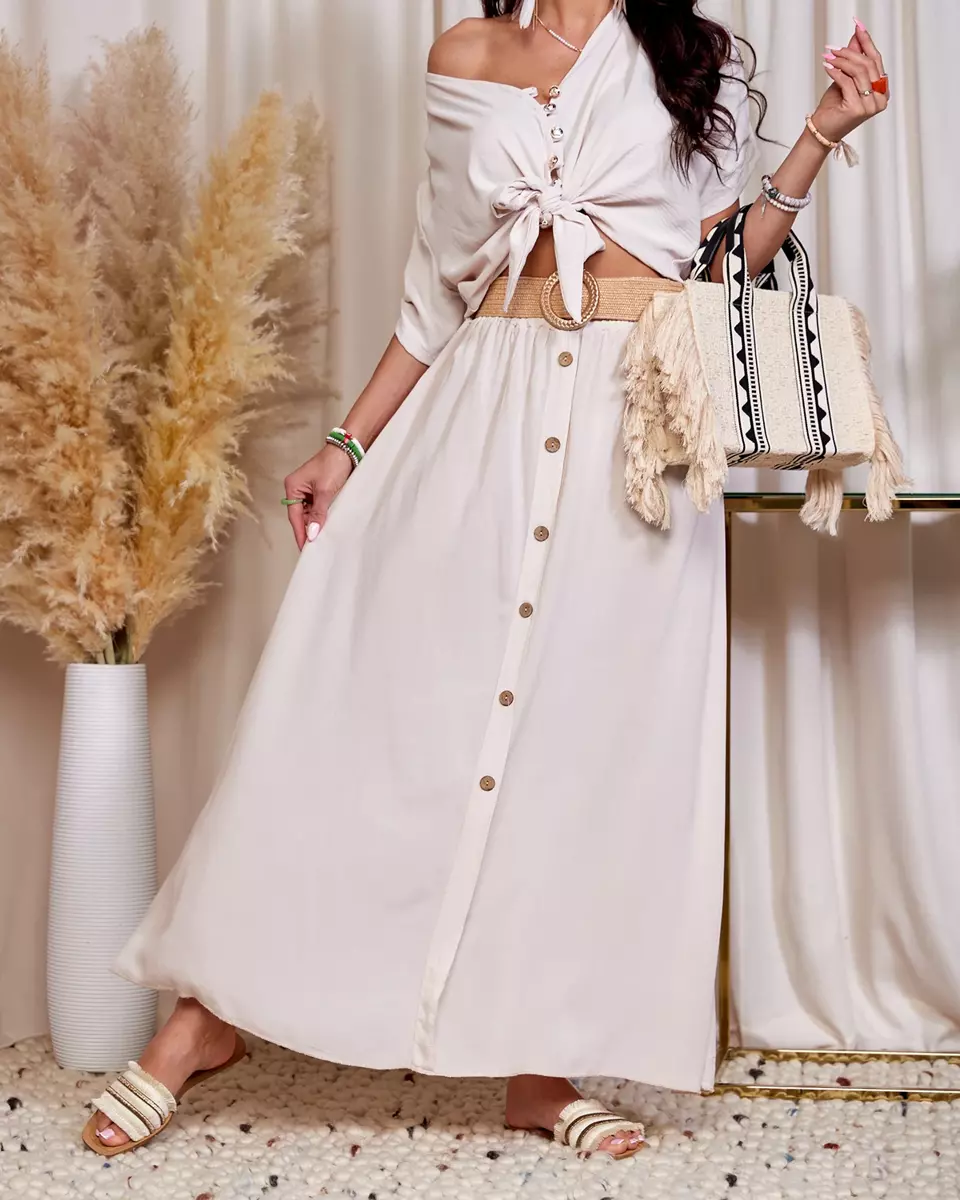 Royalfashion Béžová dámská midi sukně s knoflíky a páskem