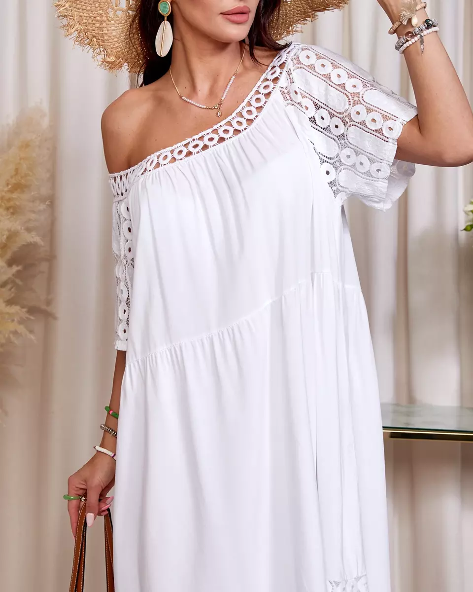 Royalfashion Bílé dámské šaty s krajkovými vsadkami