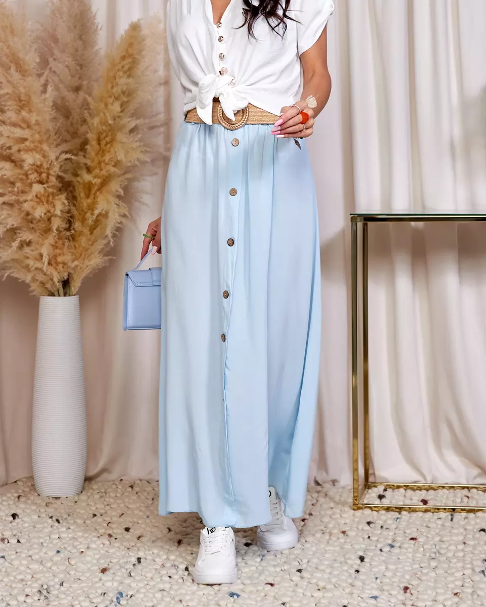 Royalfashion Dámská modrá midi sukně s knoflíky a páskem
