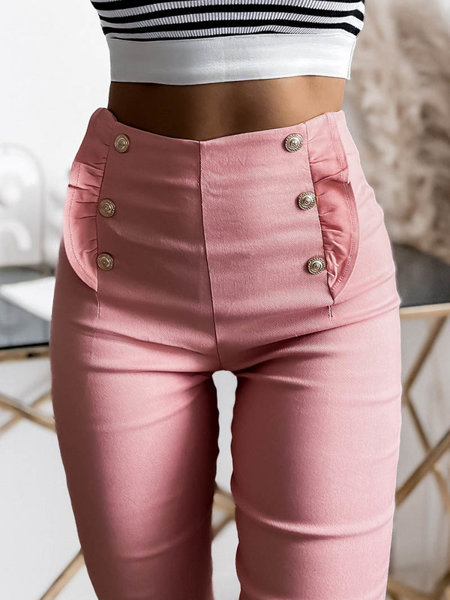 Růžové dámské tegínové kalhoty s knoflíky - Oblečení
