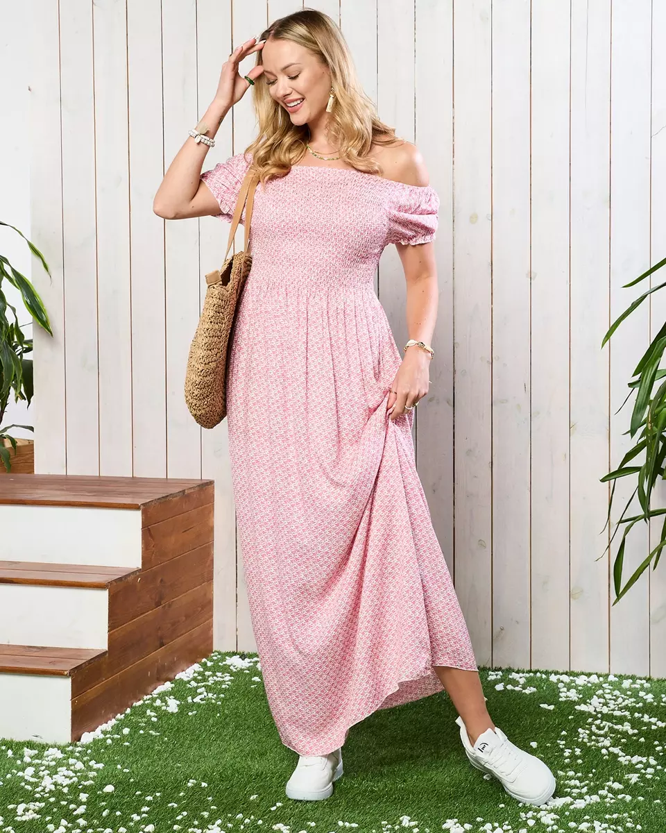 Růžové dámské vzorované midi šaty - Oblečení