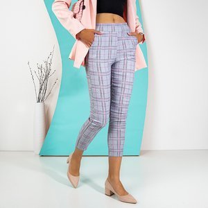 Šedé dámské kalhoty s růžovým kostkovaným vzorem - Oblečení