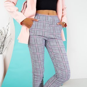 Šedé dámské kalhoty s růžovým kostkovaným vzorem - Oblečení