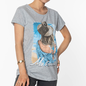 Šedé dámské tričko s barevným potiskem a třpytkami - Oblečení