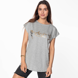 Šedé dámské tričko se zlatým potiskem a nápisem - Oblečení