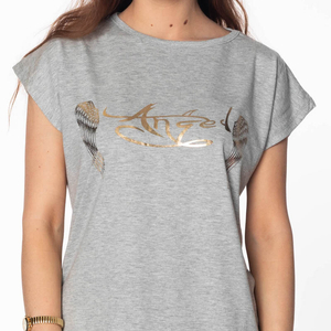 Šedé dámské tričko se zlatým potiskem a nápisem - Oblečení