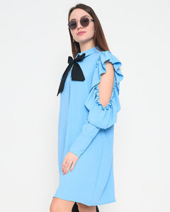 Světle modré košilové šaty s volány a mašlí - Oblečení