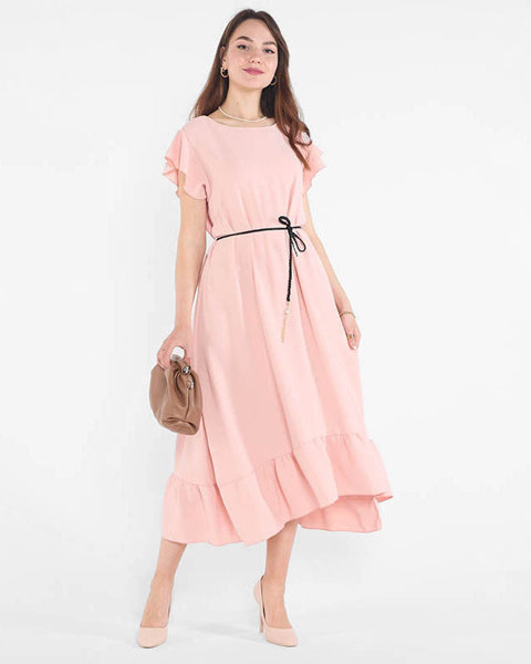 Světle růžové dámské šaty s volánky a zavazováním v pase - Oblečení