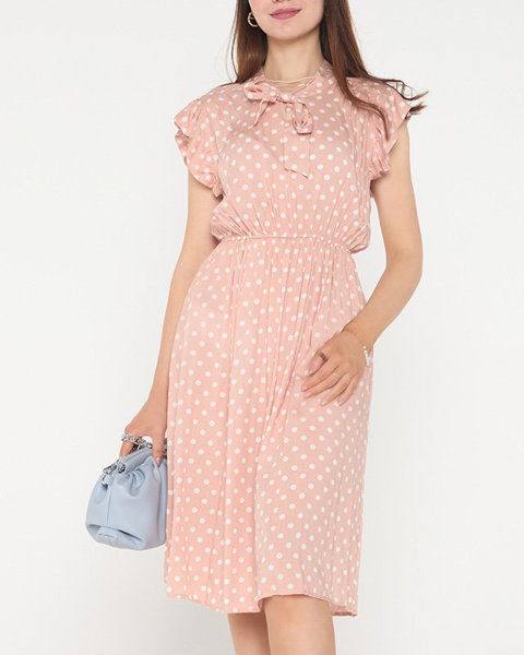 Světle růžové dámské šaty se zavazovaným puntíkatým výstřihem - Oblečení