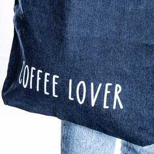 Tmavě modrá dámská látková kabelka s nápisem „Coffee lover“ - Kabelky
