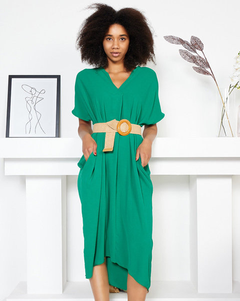 Tmavě zelené dámské oversize šaty s páskem - Oblečení