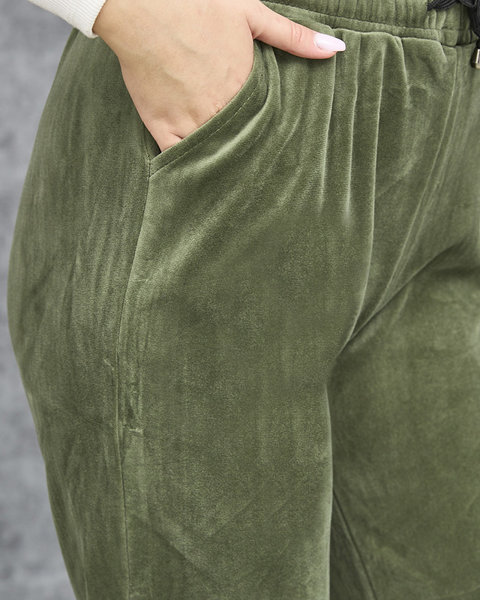 Tmavě zelené velurové tepláky pro ženy PLUS SIZE- Oblečení