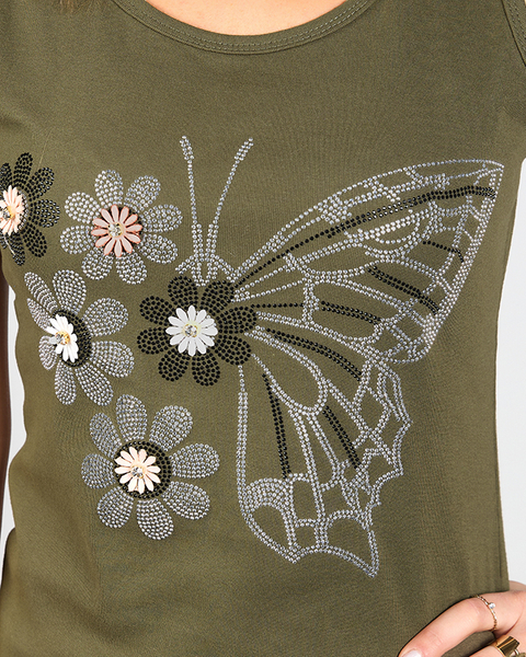 Tmavě zelený dámský top s motýlem a květinami - Oblečení