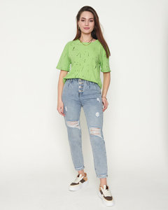 Zelené bavlněné dámské tričko s ozdobnými otvory - Oblečení