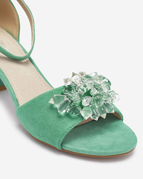 Zelené dámské sandály na podpatku s ozdobnými krystaly Cerosso- Obuv