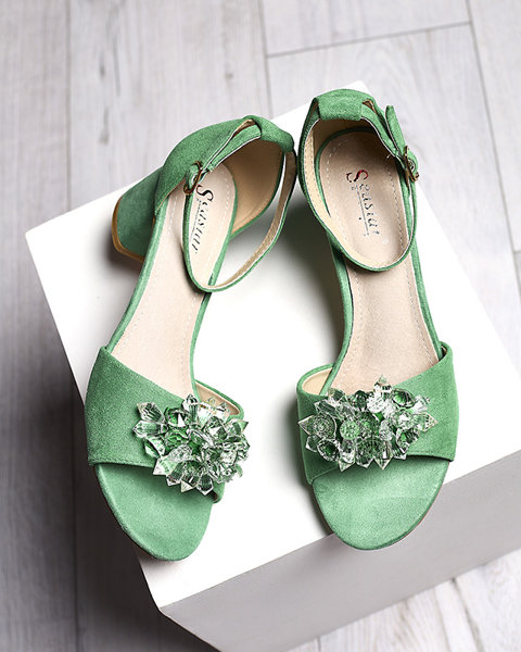 Zelené dámské sandály na podpatku s ozdobnými krystaly Cerosso- Obuv