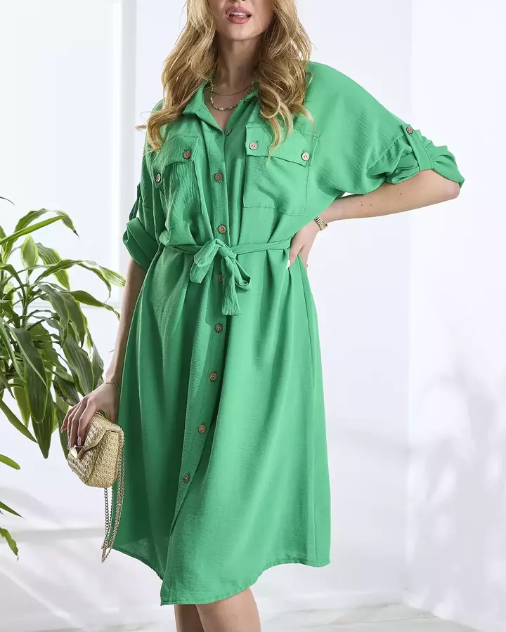 Zelené dámské šaty a'la košile se zavazováním v pase - Oblečení