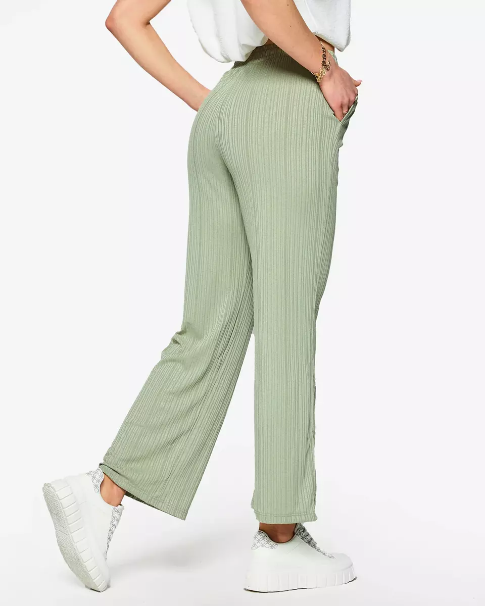Zelené dámské široké žebrované kalhoty - Oblečení