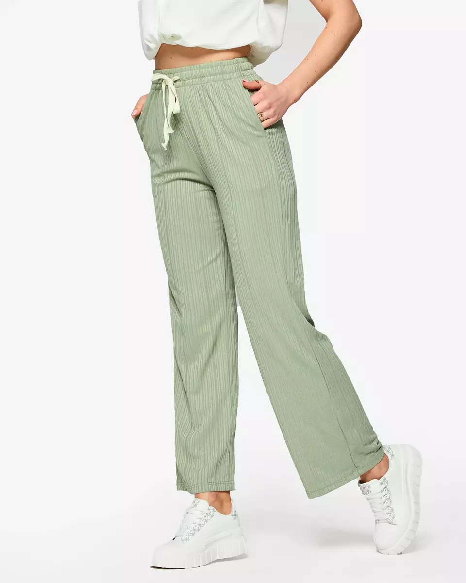 Zelené dámské široké žebrované kalhoty - Oblečení