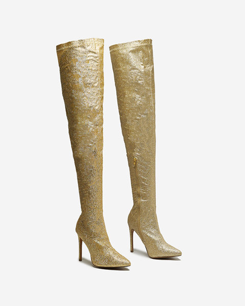 Zlaté dámské kozačky nad kolena se třpytkami Qesda- Obuv