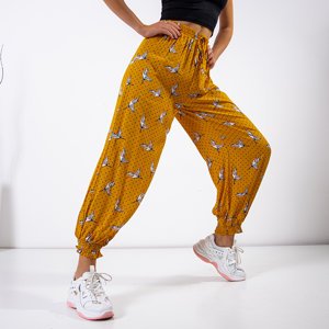 Žluté dámské haremové kalhoty s ptáky - Oblečení