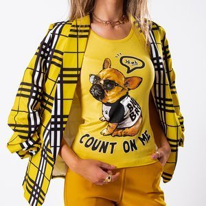 Žluté dámské tričko zdobené psím potiskem - Oblečení