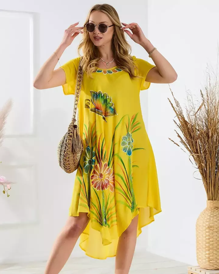 Žlutý dámský přehoz na postel typu plážové šaty s květinovým potiskem Oblečení