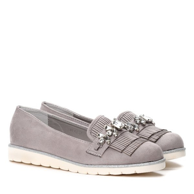 Szare mokasyny z frędzlami i cyrkoniami Micheline- Obuwie