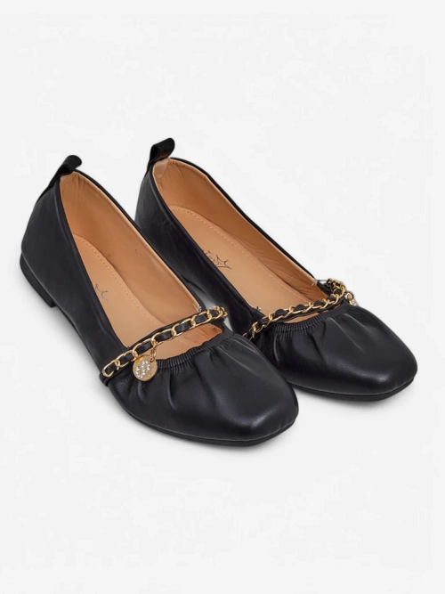 Балетки жіночі Ariadna Nero – чорні, плоскі, екологічна шкіра, золота прикраса