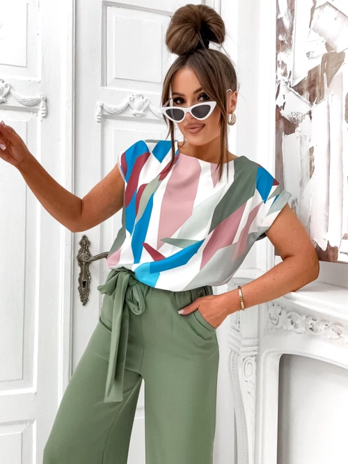 Royalfashion жіночий комбінезон з широкими штанами та короткою блузою з візерунком