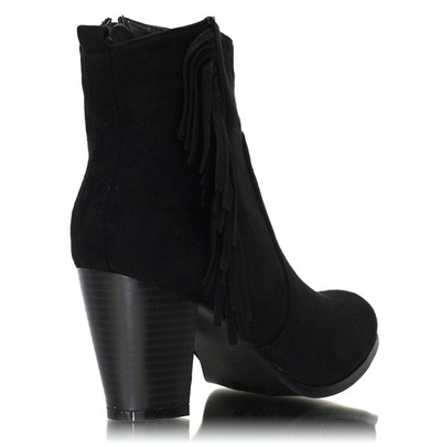 Czarne botki na słupku z frędzlami - Obuwie