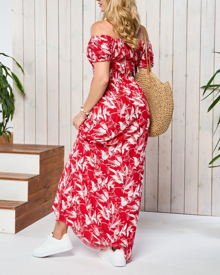 Červenobílé dámské maxi šaty s potiskem- Oblečení